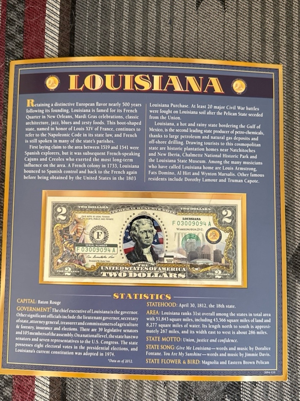 Louisiana State Decorative Print in Blue and Gold